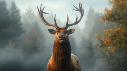 A realistic animated deer with antlers stands in a misty forest setting.