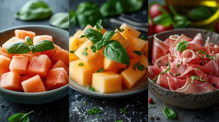 traditional italian meal closeup. Cubes of melon and prosciutto lying on top of melon.
