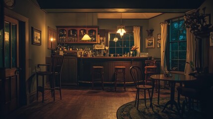 A cozy, dimly lit bar interior with wooden furniture and a welcoming atmosphere.
