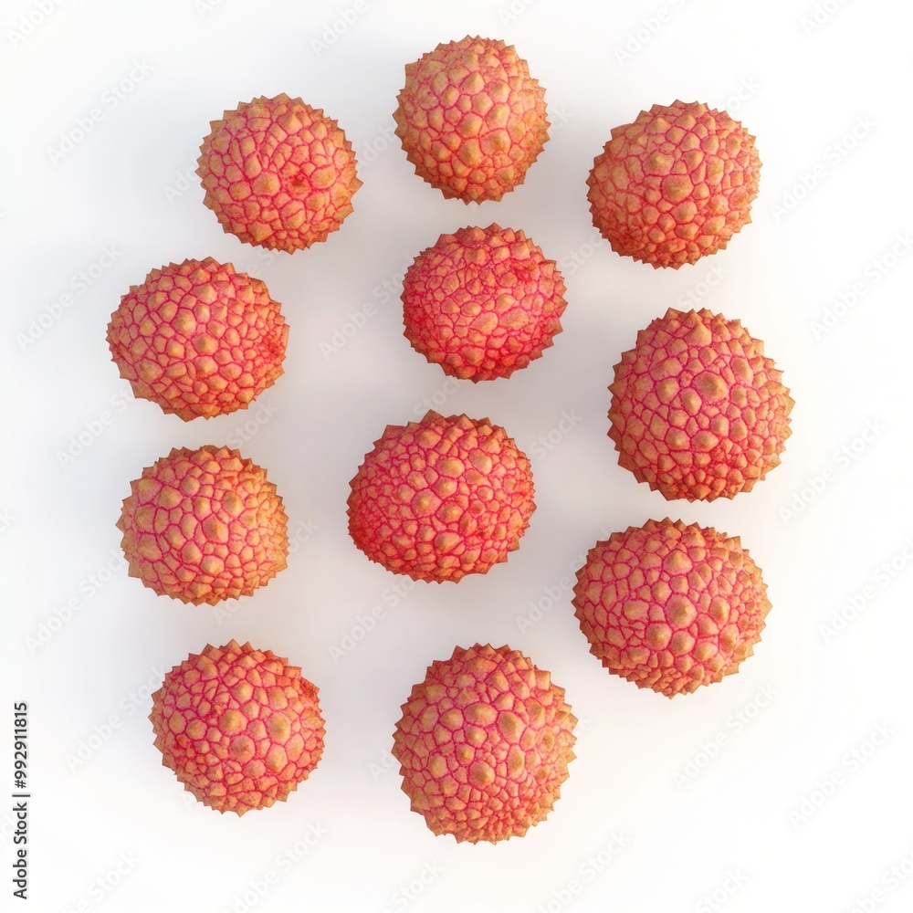 Wall mural A circular arrangement of fresh, textured lychee fruits on a white background.