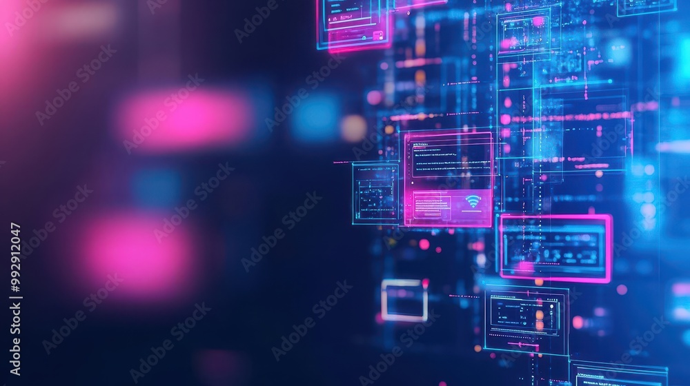 Poster AIdriven web development platform, floating holographic wireframes, neonlit background