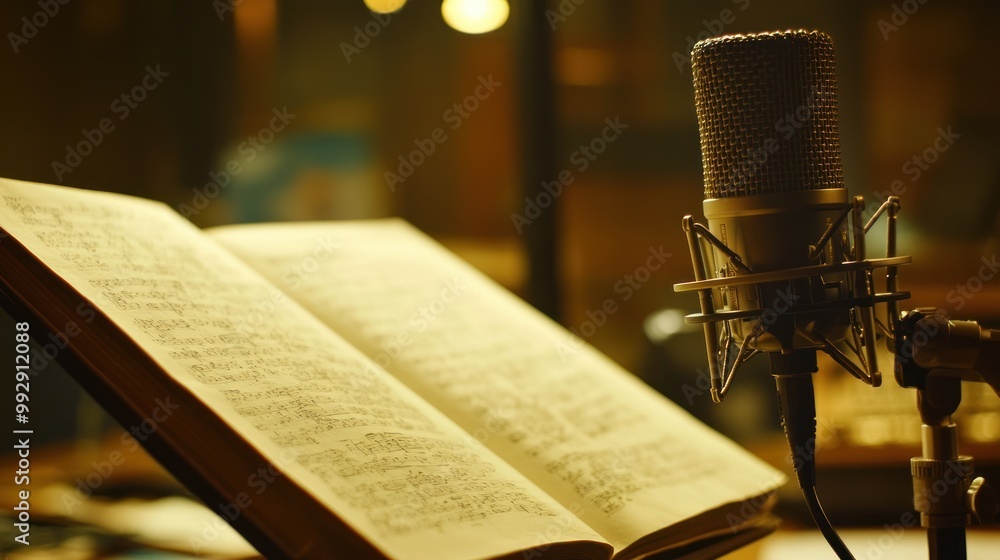 Poster a microphone stands beside an open book filled with musical notation, suggesting a recording session