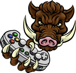 A wild boar, hog razorback warthog pig gamer sports video game gaming mascot holding a games controller