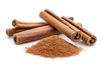 Close-up of cinnamon sticks and ground cinnamon on white background. Aromatic spice for baking, cooking, and seasoning dishes.