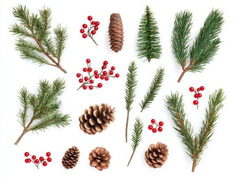 2408 105.A festive set of conifer branches paired with pine cones and clusters of artificial red berries, carefully arranged on a white background. The rich greenery and vibrant berries provide a