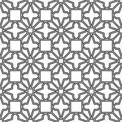 Seamless geometric pattern consisting of overlapping black and white lines on a white background forming a regular and symmetrical arrangement. Suitable for interior decoration, print, or graphic desi