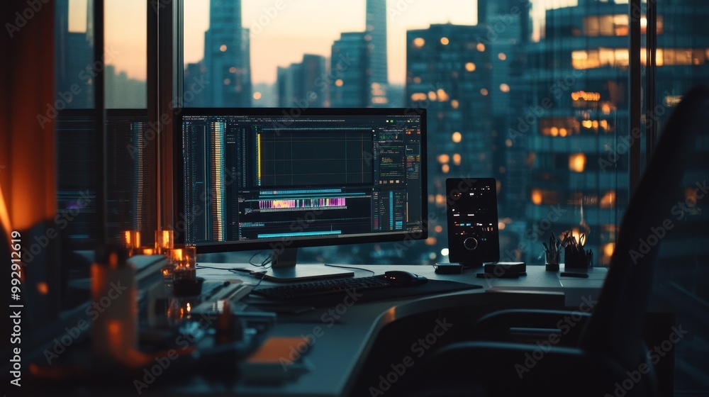 Aufkleber a modern workspace with a computer setup overlooking a city skyline at dusk.