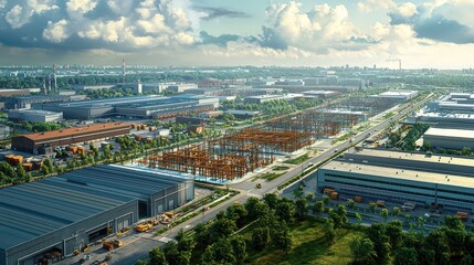 Obraz premium Hyper-realistic view of a large industrial park development, showing different phases of construction from steel structures to finished buildings