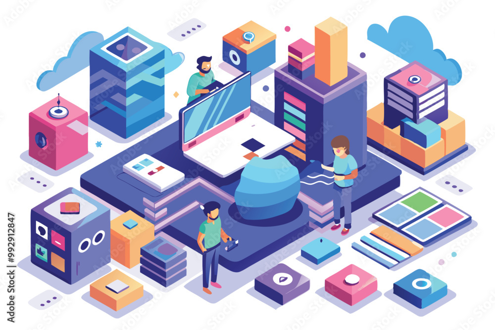 Poster people collaborate on customizable isometric illustrations for low-code solutions in a vibrant digit