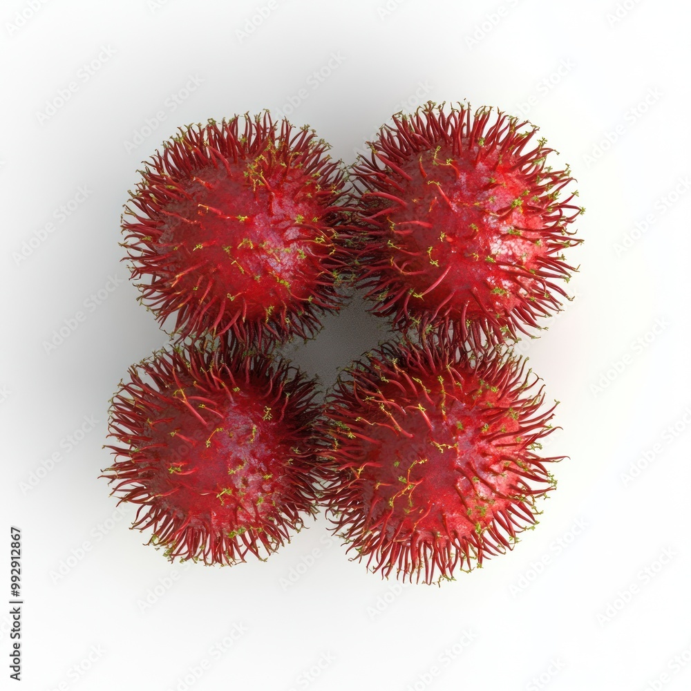 Poster four red spherical objects with spiky protrusions, resembling microscopic entities.