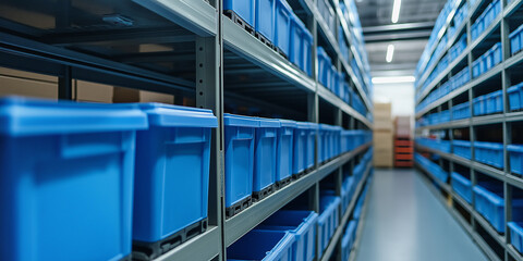 Blue Bins in a Modern Warehouse. Rows of blue plastic bins are organized on metal shelves within an automated warehouse, showcasing an efficient storage system for inventory management.