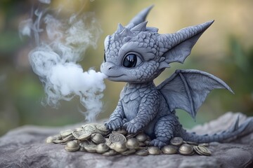 Fototapeta premium Treasure-guarding baby dragon blowing tiny smoke puffs