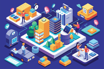 Fototapeta premium An isometric illustration depicts individuals engaging in various digital business tasks in a colorful cityscape, Customizable isometric illustrations for niche service marketplace.