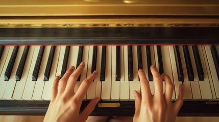 Close-up of hands playing piano keys, capturing the elegance and passion of music in a classic setting. Perfect for music-related content and inspiration.