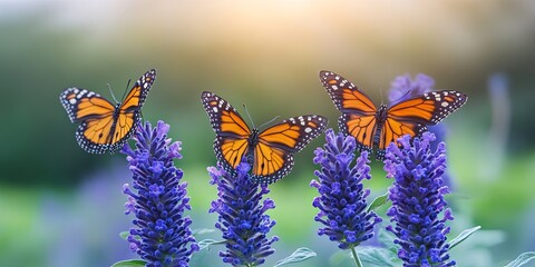 Three Monarch Butterflies Perched on Lavender Blossoms in a Garden bathed in Sunlight