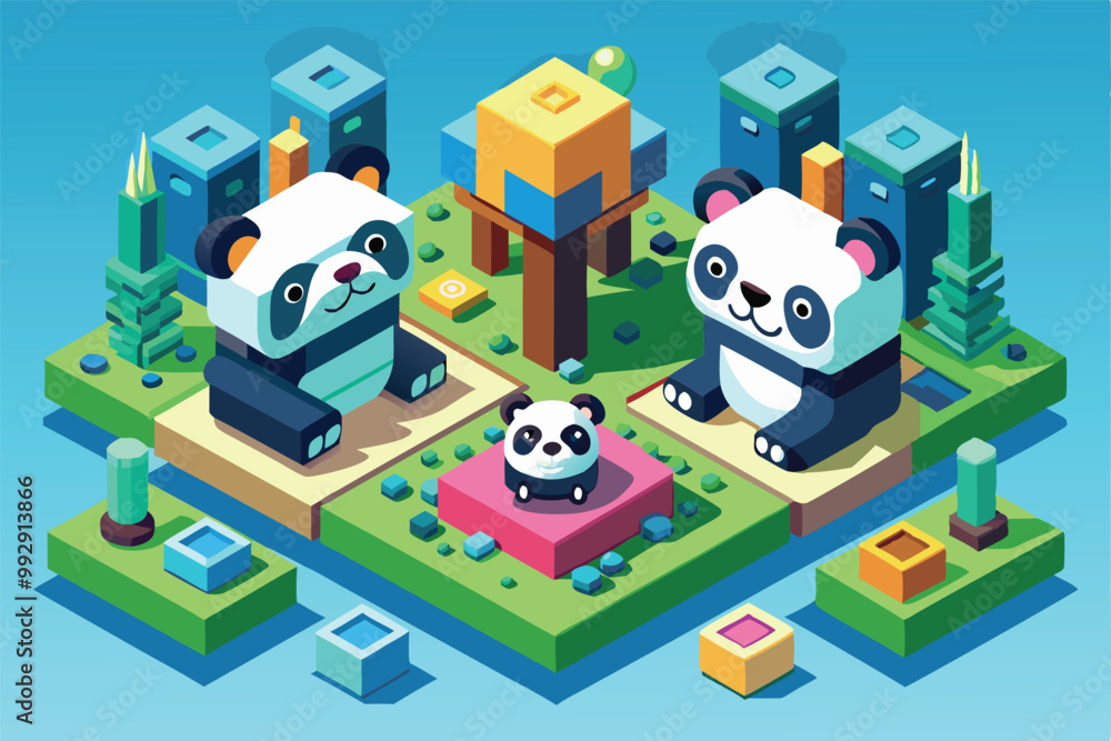 Poster two cheerful pandas engage playfully around a cute cub in a colorful, isometric forest environment, 