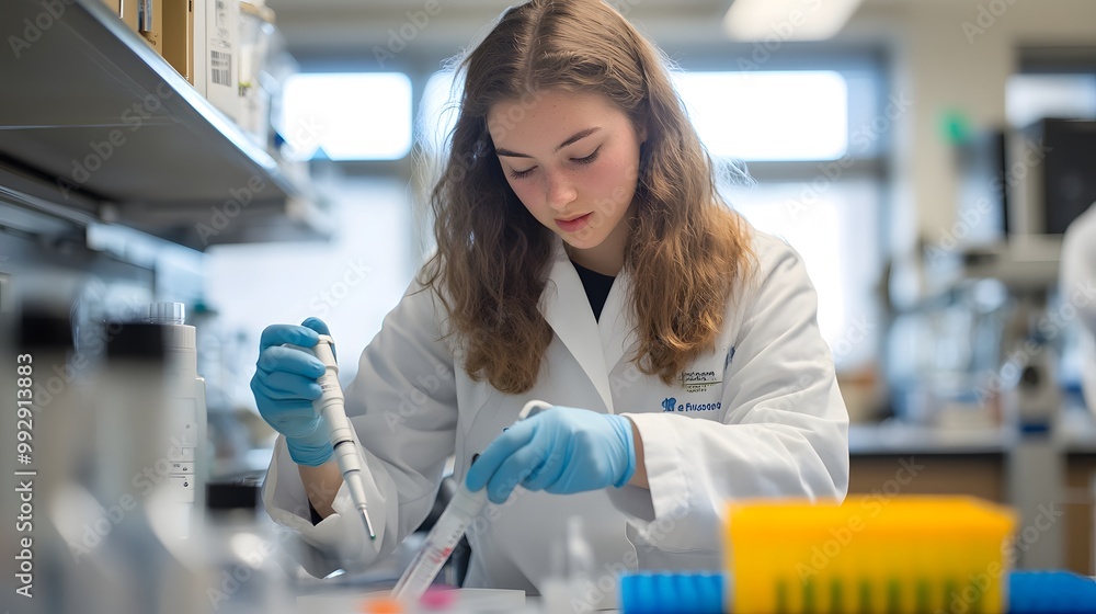 Poster young woman in lab coat using pipette in a lab setting