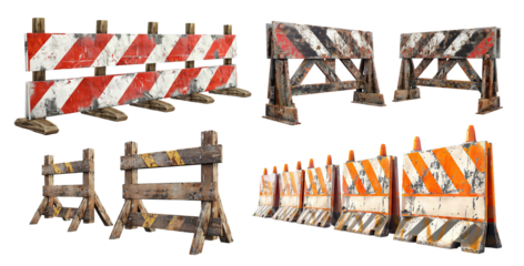Set of old construction striped barricades, cut out