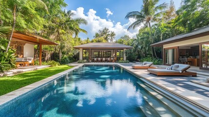 Fototapeta premium Contemporary vacation home in a lush, tropical garden with private pool and relaxing spaces