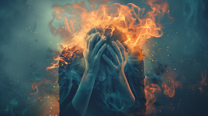A man with a burning and smoking head as a concept for emotional burnout. AI Generated