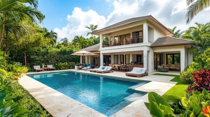 Fototapeta premium Contemporary vacation home in a lush, tropical garden with private pool and relaxing spaces