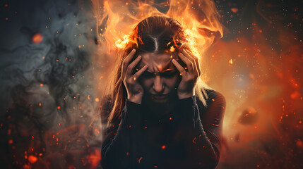 A man with a burning and smoking head as a concept for emotional burnout. AI Generated