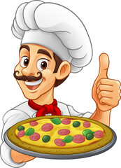 A chef cook holding a pizza cartoon food man mascot character illustration