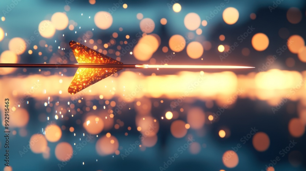 Poster a glowing arrow in motion, surrounded by soft bokeh lights, creating a dynamic visual effect.