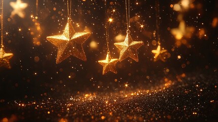 Obraz premium Golden Stars Dangle Above Shimmering Glitter, Creating a Festive and Magical Atmosphere