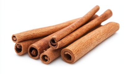 Close-up of several cinnamon sticks isolated on a white background, showcasing the texture and natural brown color of this popular spice.