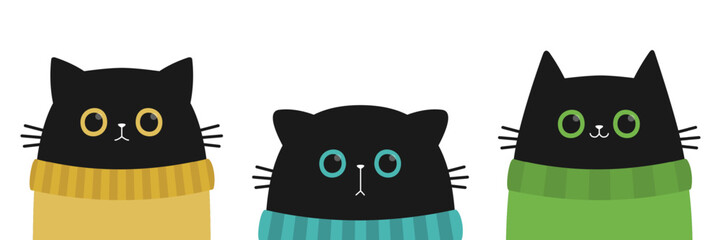 Cat face set. Yellow, blue, green eyes. Kitten wearing a sweater. Black silhouette icon. Cute cartoon pet baby character. Funny kawaii animal. Childish style. Flat design. White background. Vector