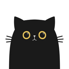 Cat face. Kitten with yellow eyes. Black silhouette icon. Cute cartoon pet baby character. Funny kawaii animal. Sticker print. Greeting card. Childish style. Flat design. White background. Vector