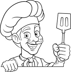 A chef, barbecue cook or baker cartoon food man mascot character holding a spatula and peeking around a sign or menu board with copy space illustration