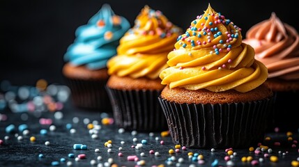 A trio of cupcakes, adorned with colorful frosting and sprinkles, sits on a dark surface, inviting a sweet and celebratory moment.