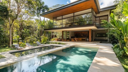Fototapeta premium Contemporary vacation home in a lush, tropical garden with private pool and relaxing spaces