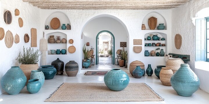 A Mediterranean interior with a view through an arched doorway and an array of terracotta and woven pottery arranged on shelves and the floor