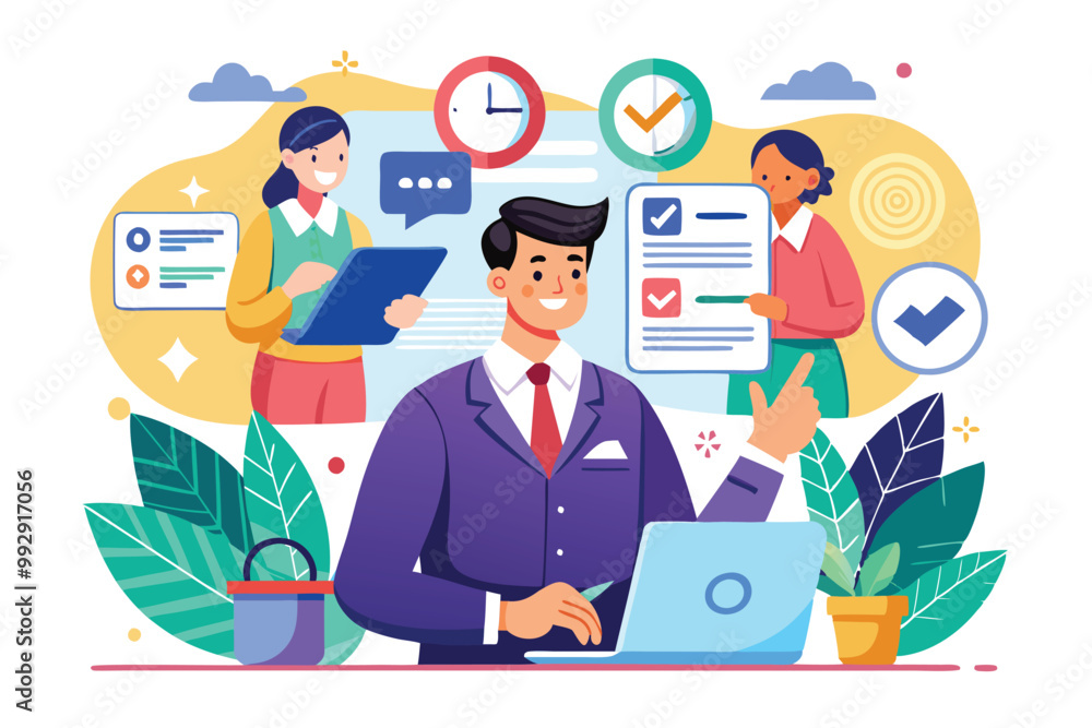 Poster a professional creating customizable job offers while illustrating teamwork and productivity, custom