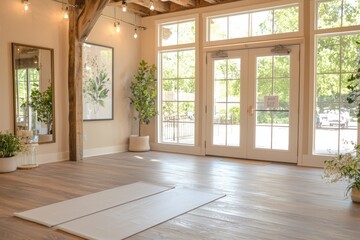 Obraz premium A Yoga Studio With Soft Mats And Calming Scents Of Essential Oils. The Peaceful Ambiance Encourages Mindfulness
