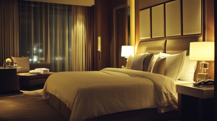 Obraz premium A luxurious hotel room featuring a large bed, soft lighting, and elegant decor.