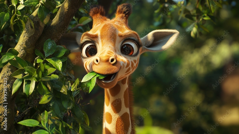 Wall mural A cheerful giraffe munches on leaves in a vibrant, lush environment.