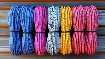 A Row of Colorful Braided Cords with Black Elastic Bands Arranged in a Symmetrical Pattern on a Wooden Surface