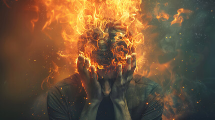 A man with a burning and smoking head as a concept for emotional burnout. AI Generated