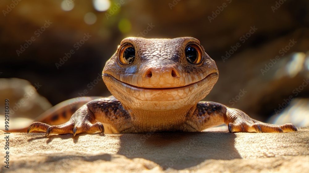 Poster a close-up of a smiling lizard resting on a rock in a natural setting.