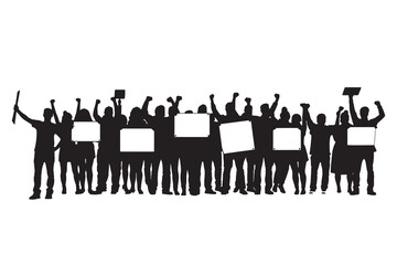 Vector illustration black silhouette of crowd of people at protest rally. People hold banners and placards in their hands.