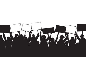 Vector illustration black silhouette of crowd of people at protest rally. People hold banners and placards in their hands.