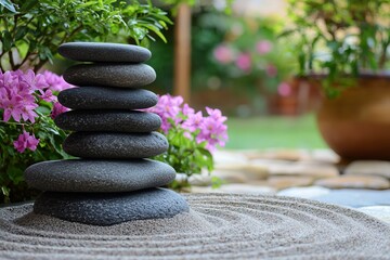 A Zen Garden With Carefully Arranged Stones And Sand Patterns. The Tranquil Environment Invites Contemplation
