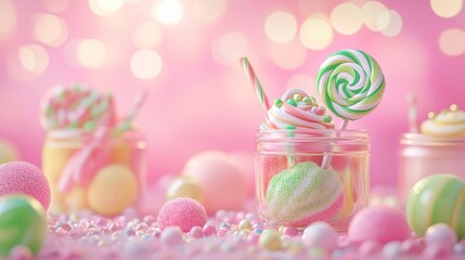 Colorful sweets in jars with a pastel background, evoking a playful and festive mood.
