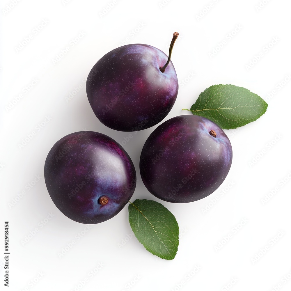 Poster Three ripe plums with green leaves on a white background.