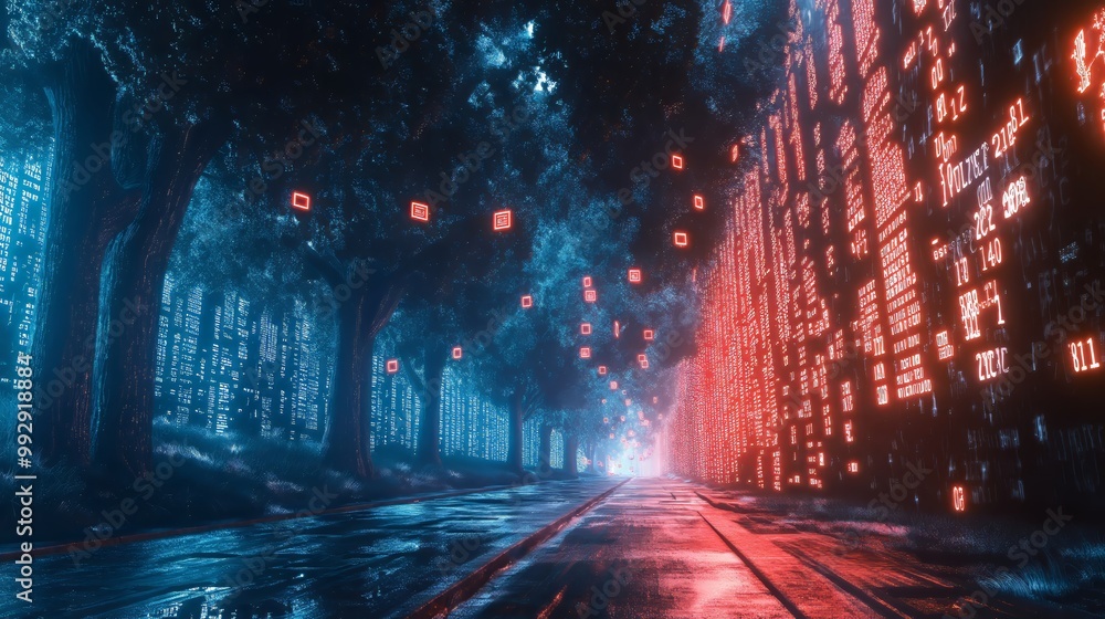 Poster digital encryption battles in a virtual landscape showcasing the unseen war of future cybersecurity.