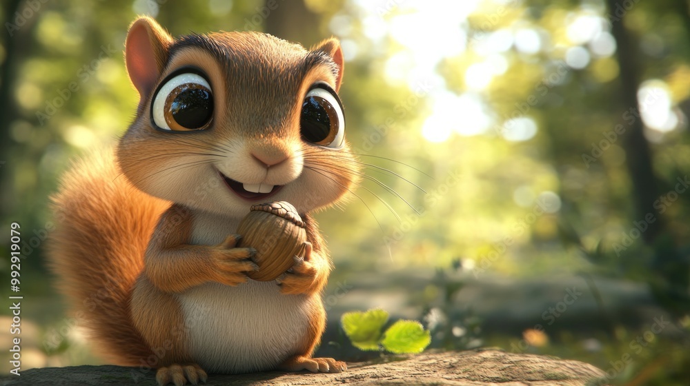Poster a cheerful animated squirrel holding an acorn in a vibrant forest setting.